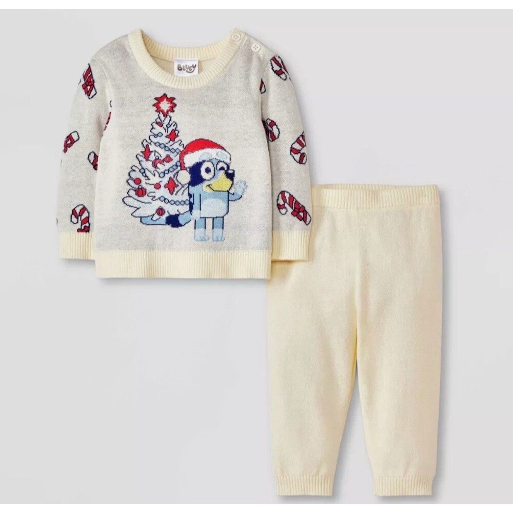 Bluey Christmas Knit Sweater and Pant set Disney Girl Boy Baby Size 0/3 Months
